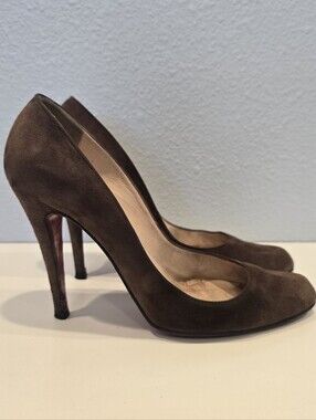 Authentic Christian Louboutin Decollete 868 Brown Suede Almond Toe Pumps 37.5